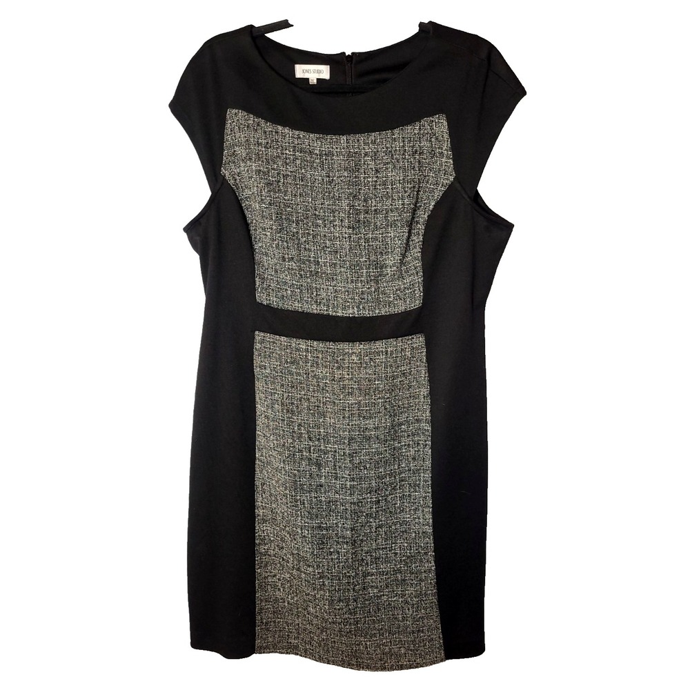 Jones Studio Womens Black Gray Colorblock Tweed Panel Sheath Dress 16 Career‎